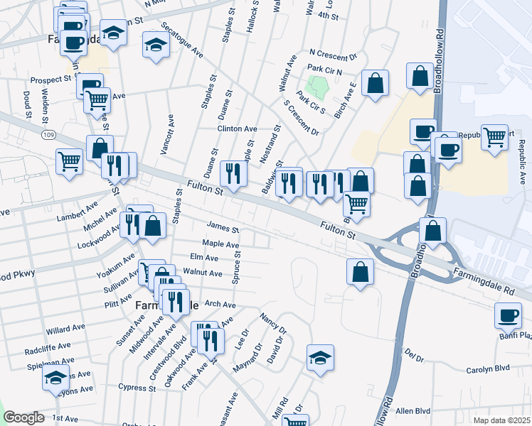 map of restaurants, bars, coffee shops, grocery stores, and more near 1010 Fulton Street in Farmingdale