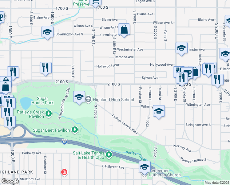 map of restaurants, bars, coffee shops, grocery stores, and more near 2131 South 1800 East in Salt Lake City