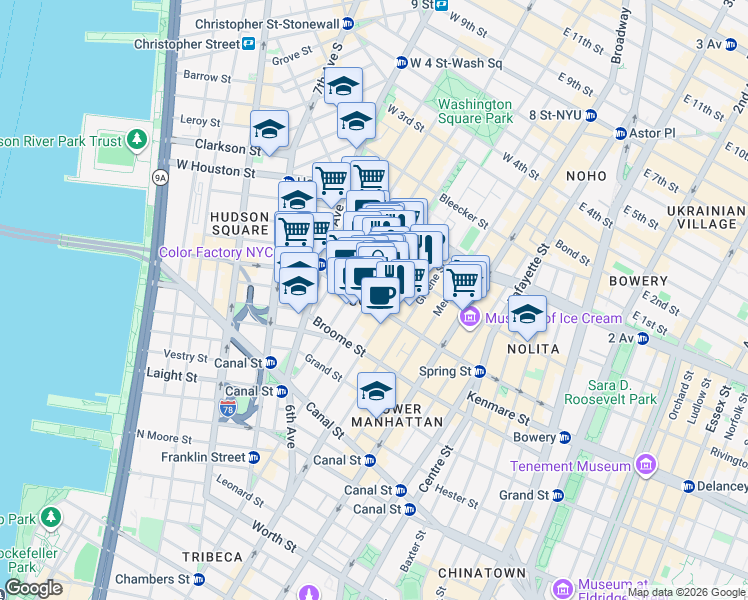 map of restaurants, bars, coffee shops, grocery stores, and more near 423 West Broadway in New York