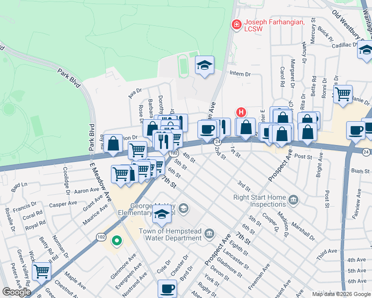 map of restaurants, bars, coffee shops, grocery stores, and more near 2107 Hempstead Turnpike in East Meadow