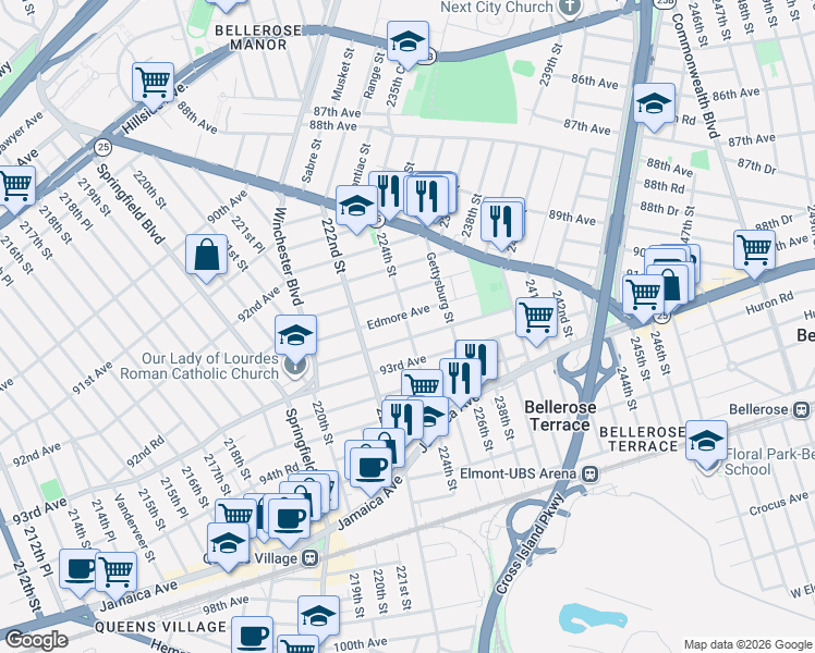 map of restaurants, bars, coffee shops, grocery stores, and more near 92-60 224th Street in Queens
