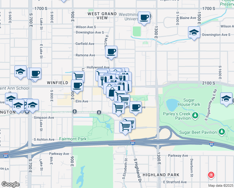 map of restaurants, bars, coffee shops, grocery stores, and more near 2131 1100 East in Salt Lake City