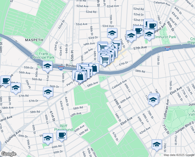 map of restaurants, bars, coffee shops, grocery stores, and more near 57-28 Brown Place in Queens