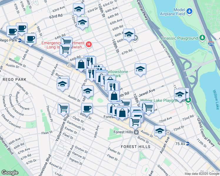 map of restaurants, bars, coffee shops, grocery stores, and more near 104-20 68th Drive in Queens