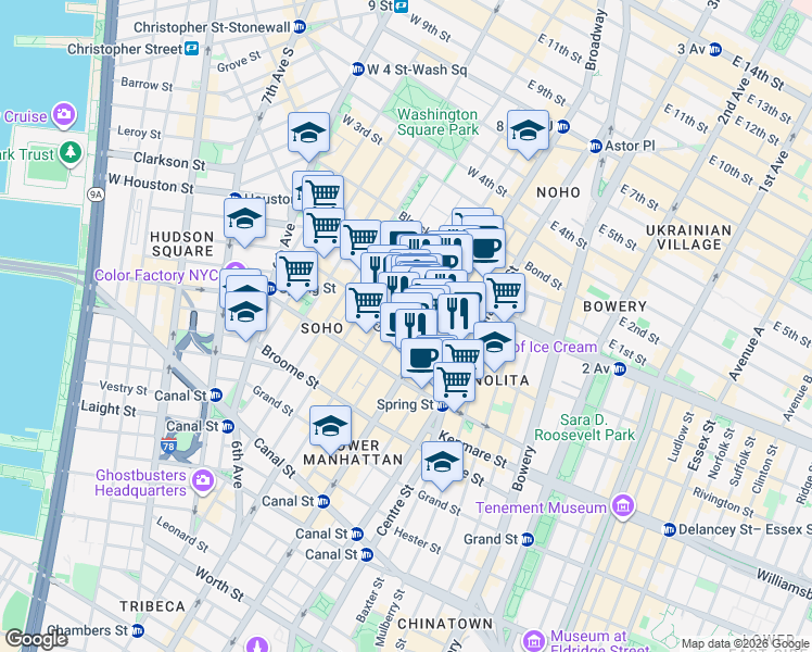 map of restaurants, bars, coffee shops, grocery stores, and more near in New York