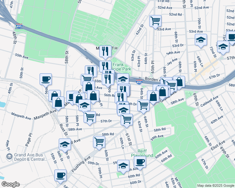map of restaurants, bars, coffee shops, grocery stores, and more near 60-36 56th Avenue in Queens