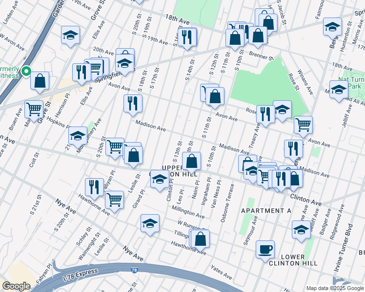 map of restaurants, bars, coffee shops, grocery stores, and more near 831 South 13th Street in Newark