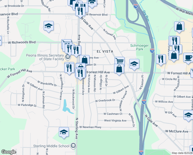 map of restaurants, bars, coffee shops, grocery stores, and more near 2304 West Forrest Hill Avenue in Peoria