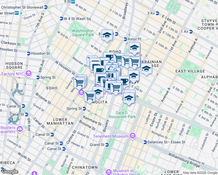 map of restaurants, bars, coffee shops, grocery stores, and more near 301 Elizabeth Street in New York