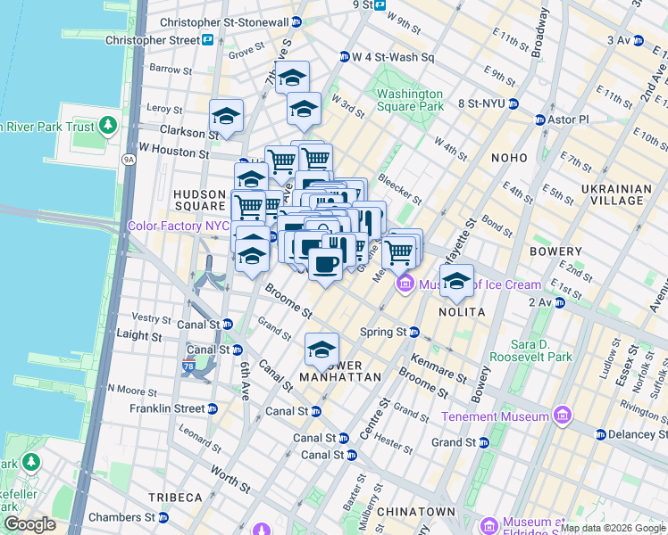 map of restaurants, bars, coffee shops, grocery stores, and more near 423 West Broadway in New York