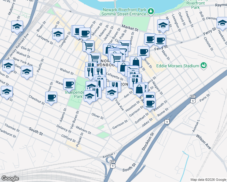 map of restaurants, bars, coffee shops, grocery stores, and more near 421 Walnut Street in Newark