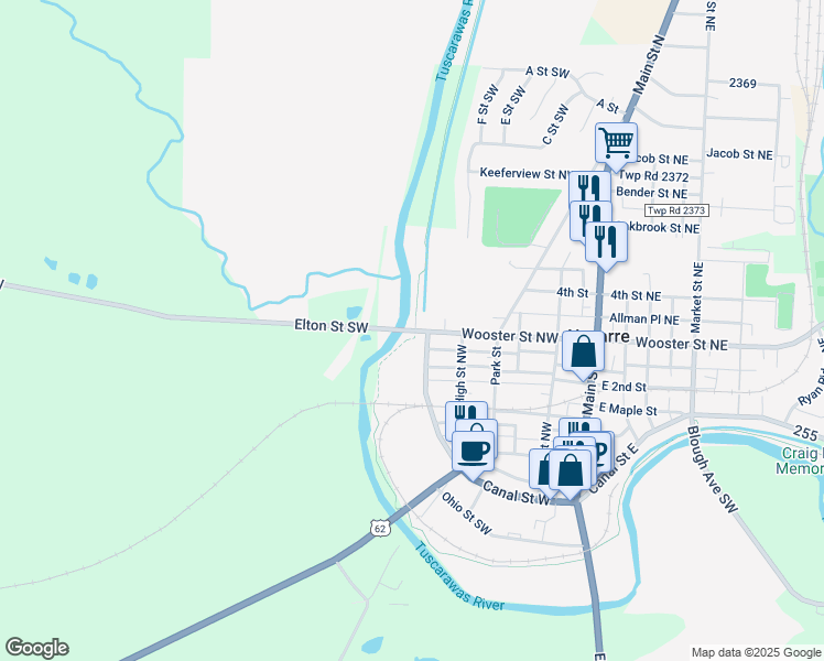 map of restaurants, bars, coffee shops, grocery stores, and more near 330 Wooster Street Northwest in Navarre