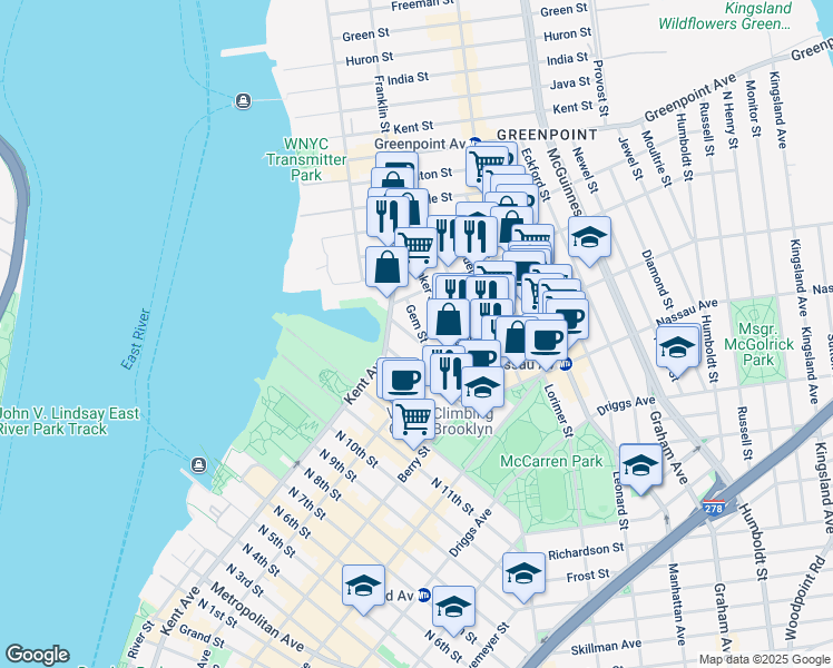 map of restaurants, bars, coffee shops, grocery stores, and more near 202 Banker Street in Brooklyn