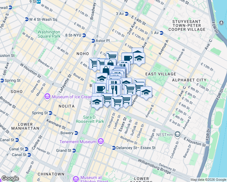 map of restaurants, bars, coffee shops, grocery stores, and more near 57 1st Avenue in New York