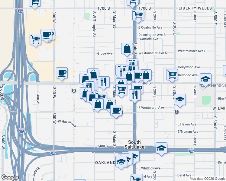 map of restaurants, bars, coffee shops, grocery stores, and more near 2150 South Main Street in South Salt Lake