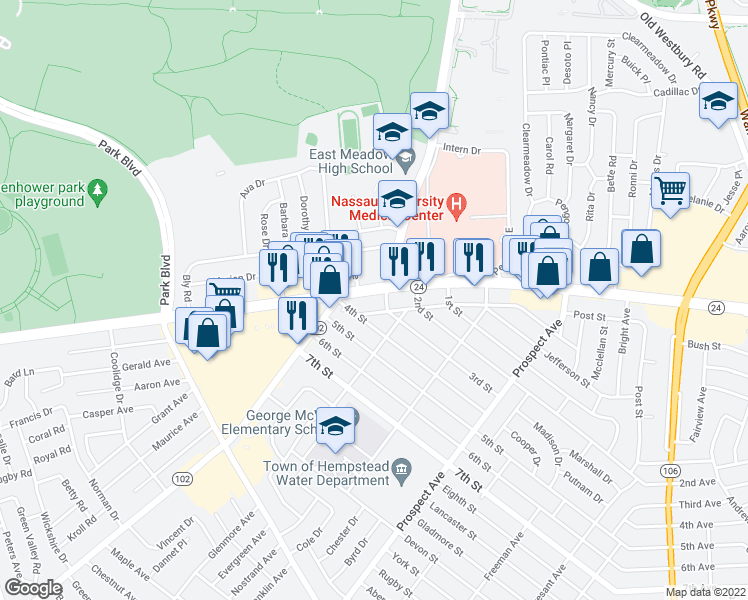 map of restaurants, bars, coffee shops, grocery stores, and more near in East Meadow