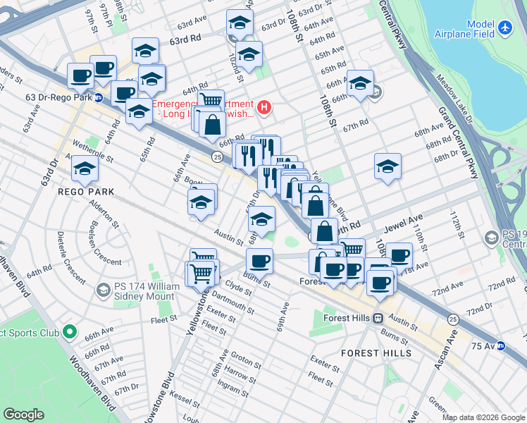 map of restaurants, bars, coffee shops, grocery stores, and more near 102-30 Queens Boulevard in Queens