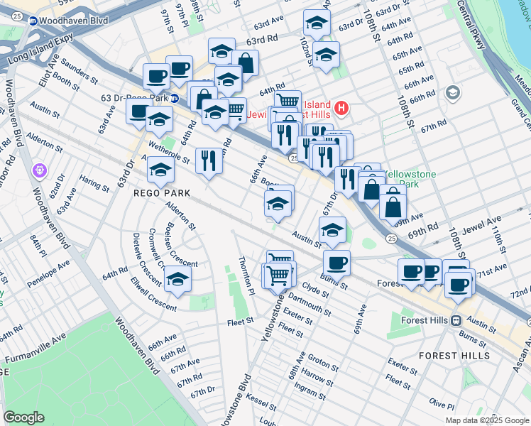 map of restaurants, bars, coffee shops, grocery stores, and more near 98-05 67th Avenue in Queens