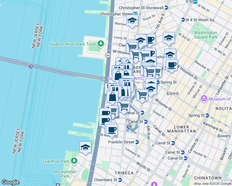 map of restaurants, bars, coffee shops, grocery stores, and more near 471 Washington Street in New York