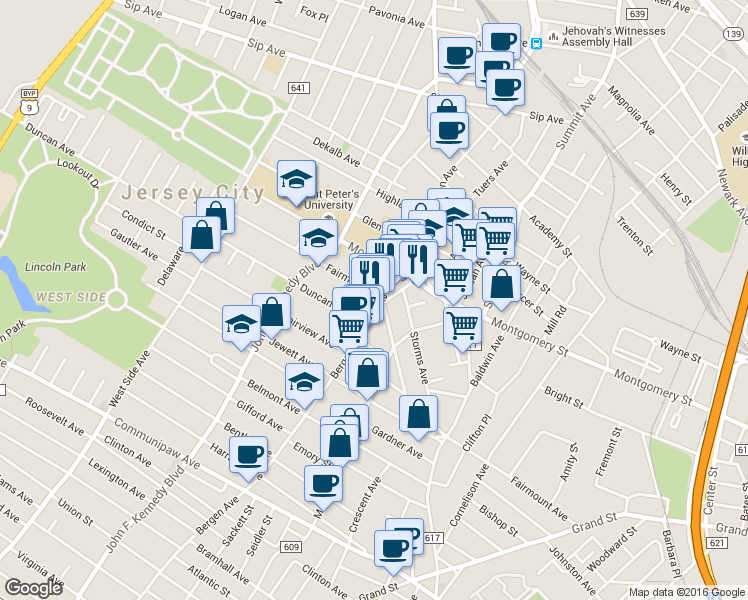 map of restaurants, bars, coffee shops, grocery stores, and more near 308 Fairmount Avenue in Jersey City