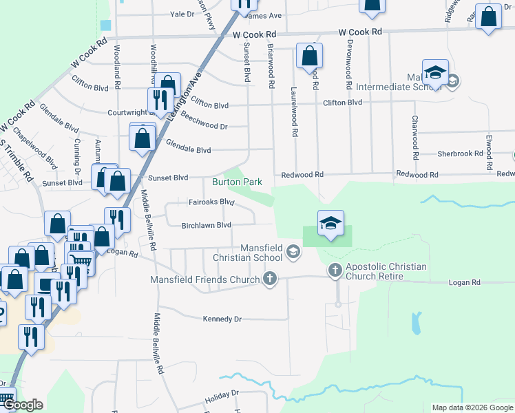 map of restaurants, bars, coffee shops, grocery stores, and more near 442 Fairoaks Boulevard in Mansfield