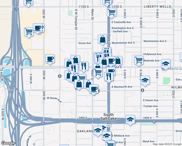 map of restaurants, bars, coffee shops, grocery stores, and more near 2150 South Main Street in Salt Lake City