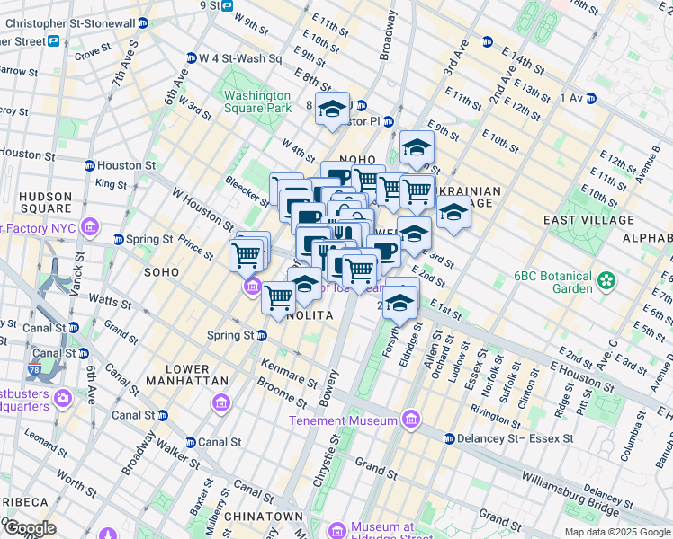 map of restaurants, bars, coffee shops, grocery stores, and more near 301 Elizabeth Street in New York