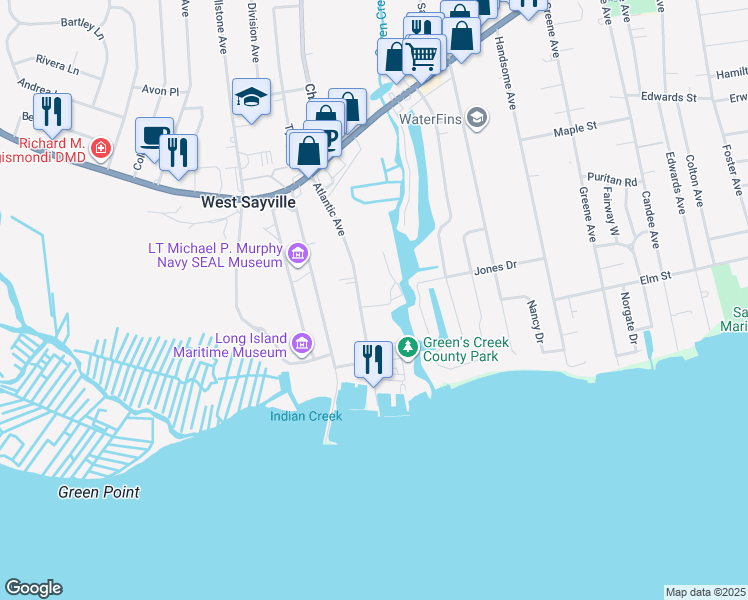 map of restaurants, bars, coffee shops, grocery stores, and more near 83 Atlantic Avenue in West Sayville