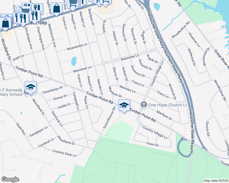 map of restaurants, bars, coffee shops, grocery stores, and more near 10 Wensley Lane in East Islip