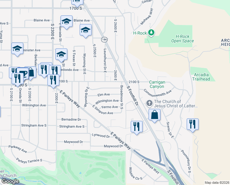 map of restaurants, bars, coffee shops, grocery stores, and more near 2589 Elm Avenue in Salt Lake City