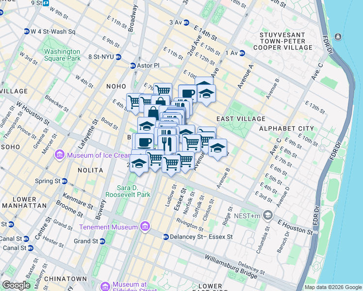 map of restaurants, bars, coffee shops, grocery stores, and more near 57 1st Avenue in New York