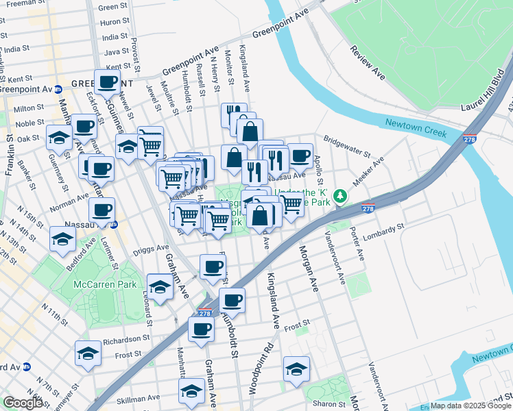 map of restaurants, bars, coffee shops, grocery stores, and more near 245 Kingsland Avenue in Brooklyn