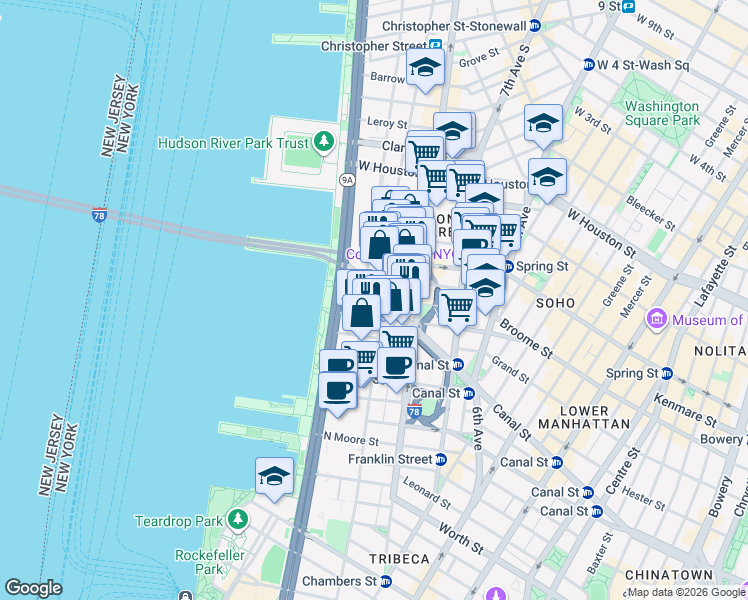 map of restaurants, bars, coffee shops, grocery stores, and more near 471 Washington Street in New York