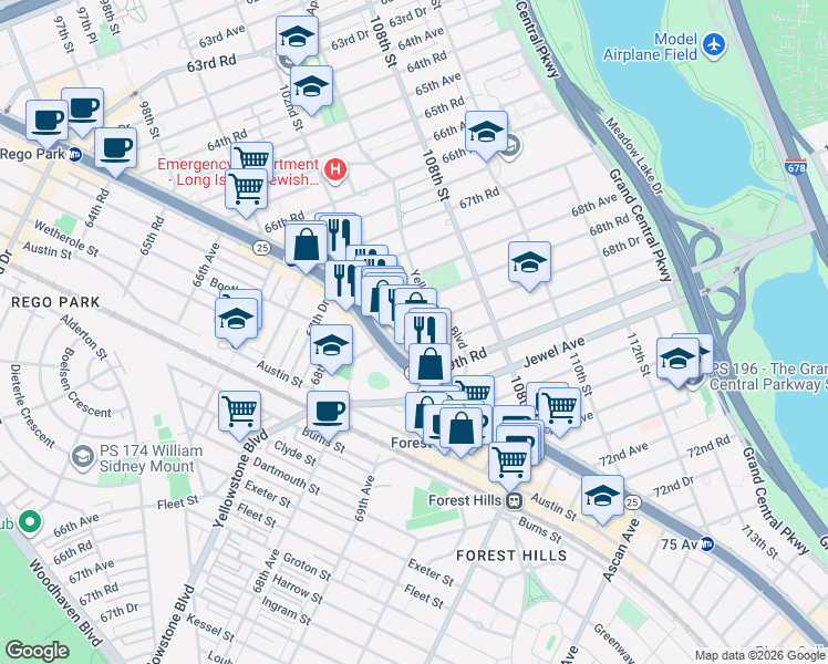map of restaurants, bars, coffee shops, grocery stores, and more near 68-38 Yellowstone Boulevard in Queens