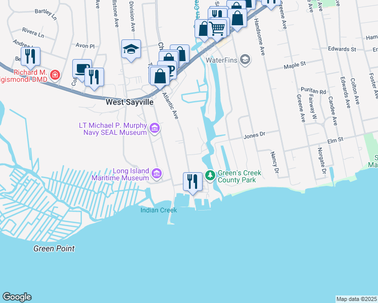 map of restaurants, bars, coffee shops, grocery stores, and more near 83 Atlantic Avenue in West Sayville
