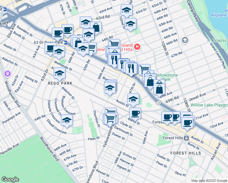 map of restaurants, bars, coffee shops, grocery stores, and more near 98-30 67th Avenue in Queens