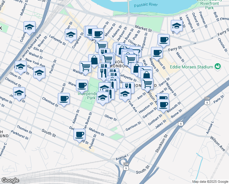 map of restaurants, bars, coffee shops, grocery stores, and more near 279 New York Avenue in Newark