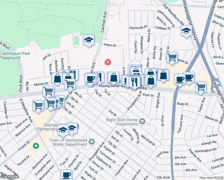 map of restaurants, bars, coffee shops, grocery stores, and more near 2204 Hempstead Turnpike in East Meadow