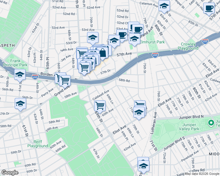 map of restaurants, bars, coffee shops, grocery stores, and more near 69-84 58th Road in Queens