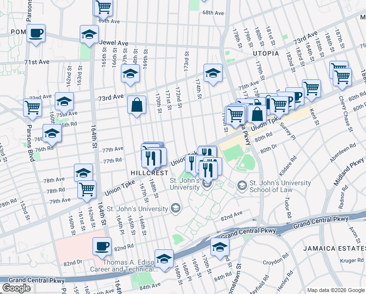 map of restaurants, bars, coffee shops, grocery stores, and more near 76-53 172nd Street in Queens