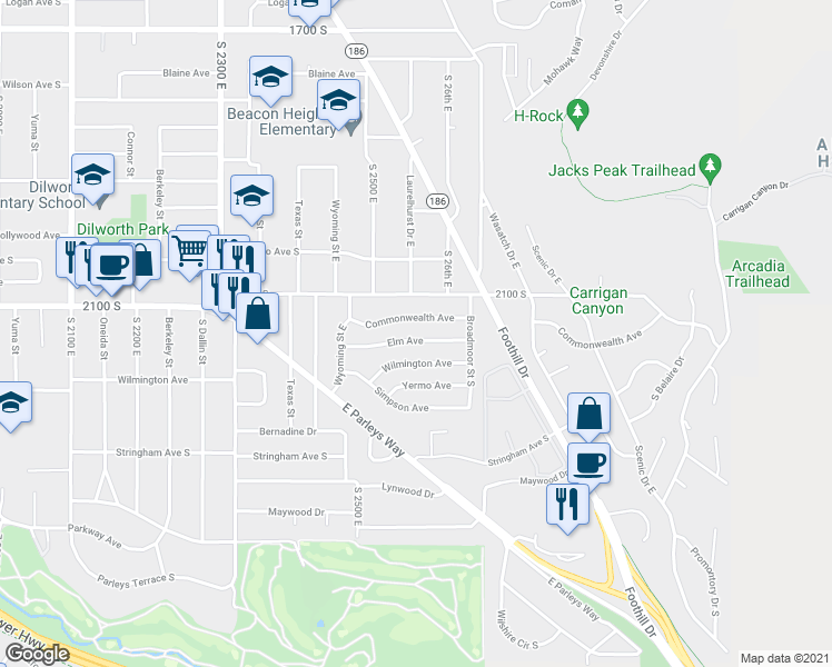 map of restaurants, bars, coffee shops, grocery stores, and more near 2552 Commonwealth Avenue in Salt Lake City