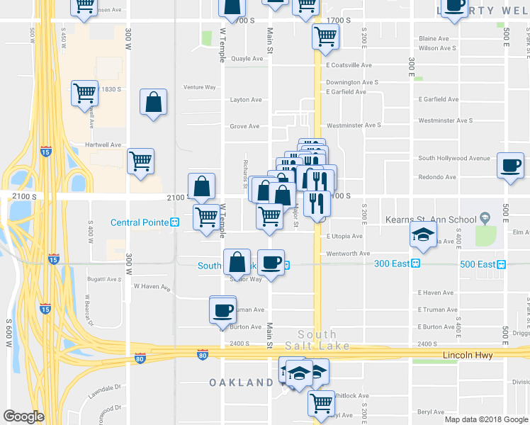 map of restaurants, bars, coffee shops, grocery stores, and more near 2150 South Main Street in South Salt Lake