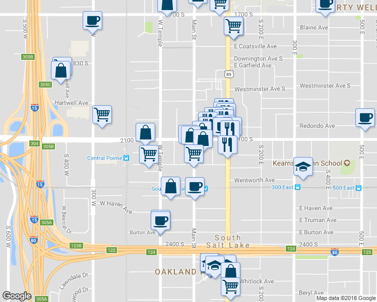 map of restaurants, bars, coffee shops, grocery stores, and more near 2150 South Main Street in South Salt Lake