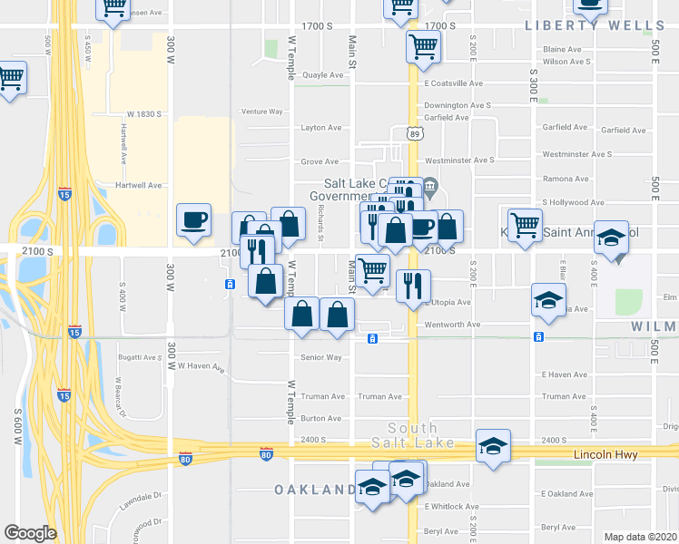 map of restaurants, bars, coffee shops, grocery stores, and more near 2150 South Main Street in South Salt Lake