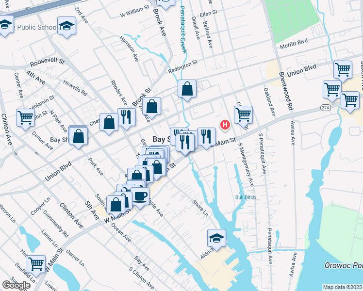 map of restaurants, bars, coffee shops, grocery stores, and more near in Bay Shore