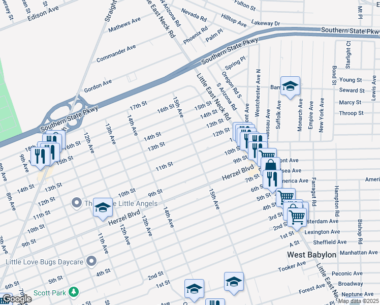 map of restaurants, bars, coffee shops, grocery stores, and more near 1483 12th Street in West Babylon