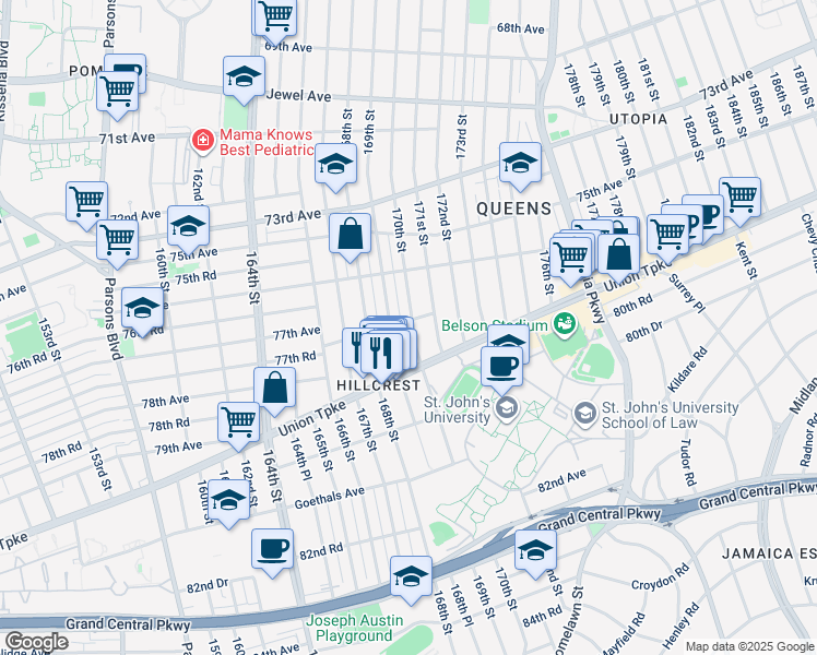 map of restaurants, bars, coffee shops, grocery stores, and more near 170-8 77th Road in Queens