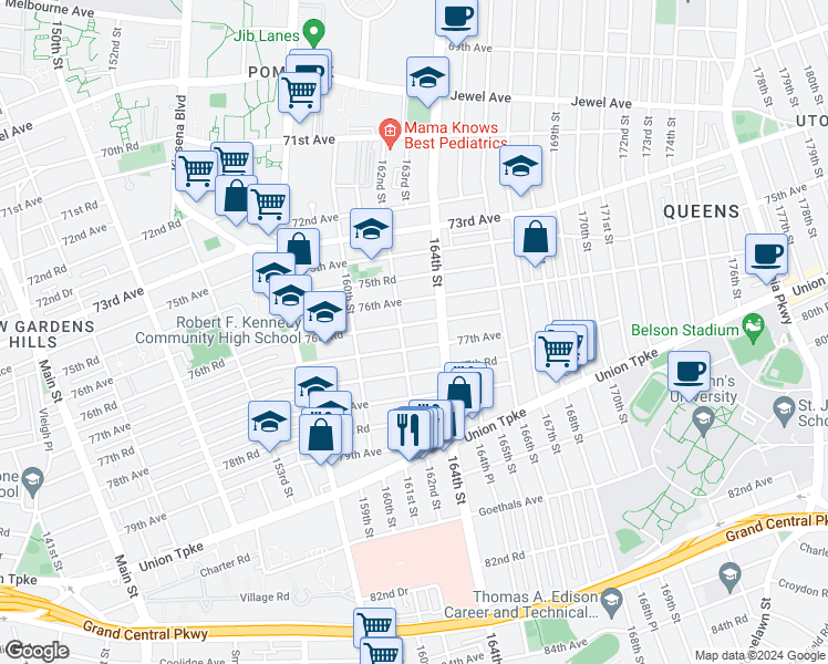 map of restaurants, bars, coffee shops, grocery stores, and more near 162-17 76th Road in Queens