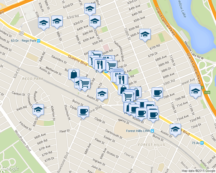 map of restaurants, bars, coffee shops, grocery stores, and more near 102-30 Queens Boulevard in Queens