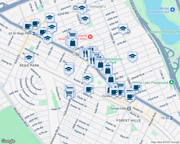 map of restaurants, bars, coffee shops, grocery stores, and more near 102-30 Queens Boulevard in Queens